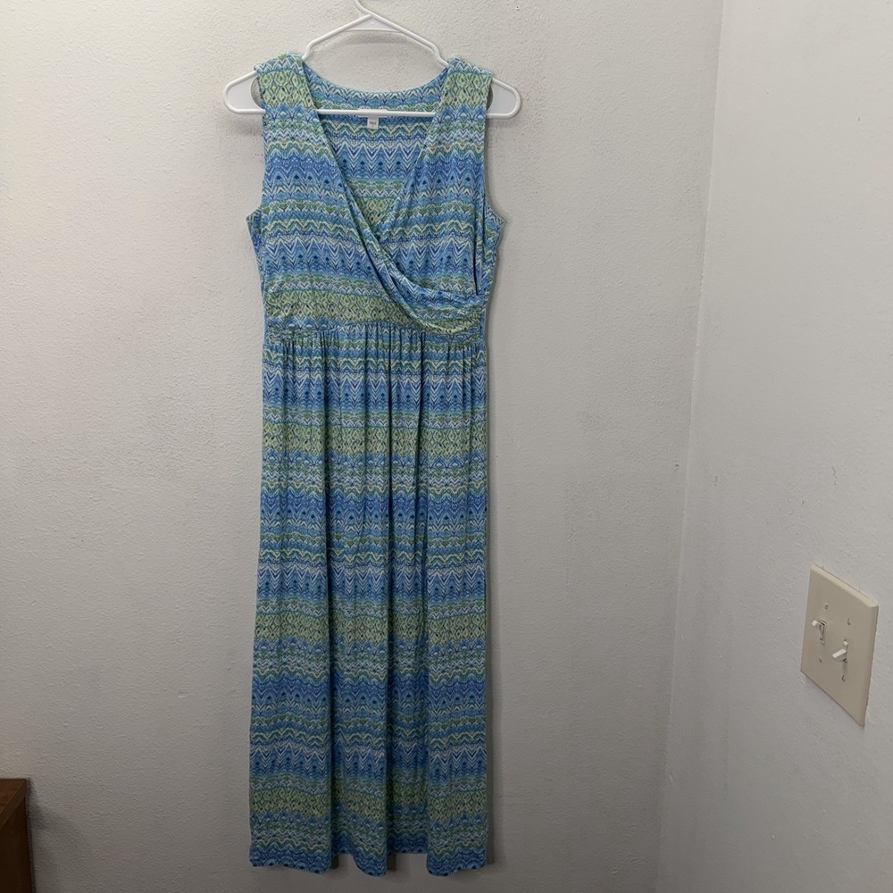 J Jill Surplice Dress Blue Green Geometric Print Midi V Neck Faux Wrap Coastal S